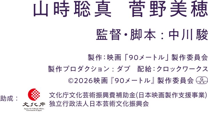 
      山時聡真　菅野美穂
      監督・脚本 : 中川駿
      製作：映画「90メートル」製作委員会
      製作プロダクション : ダブ   配給：クロックワークス
      ©2026映画『90メートル』製作委員会
      助成：文化庁文化芸術振興費補助金(日本映画製作支援事業)|独立行政法人日本芸術文化振興会  
      